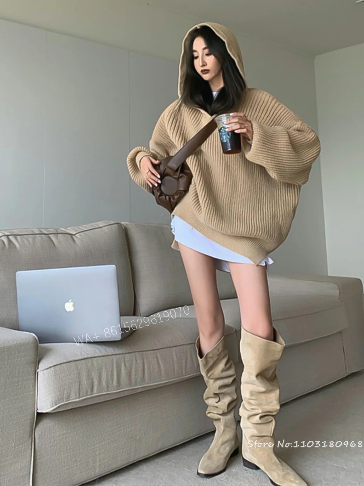 Womens Suede Wrinkled Knee High Boots with Almond Horn Toes Stacked Knight Boots for Autumn and Winter Slippery on Dress Shoes 240823