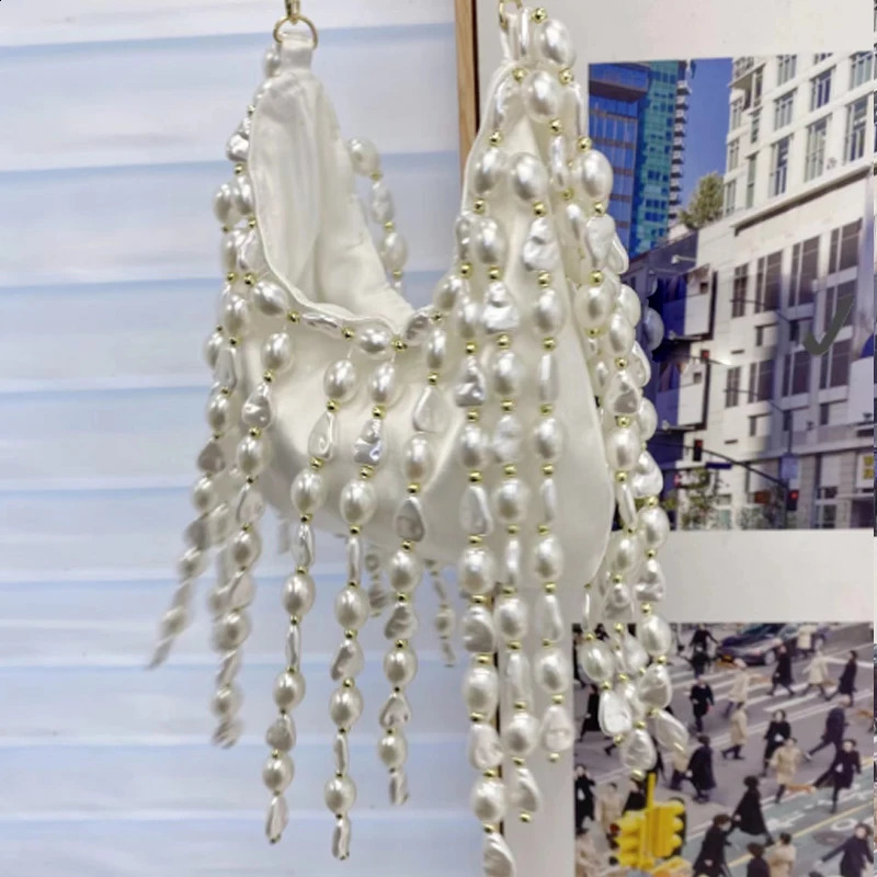 Womens Beaded Irregular Pearl Silk Handbag Evening Bottom Bag Single Shoulder 240823