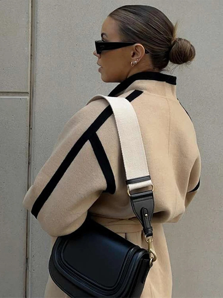 Spliced Contrast Woolen Coat Women Long Sleeve Thicken Jacket with Belt Pockets Autumn Casual Ladies Outwear 240822