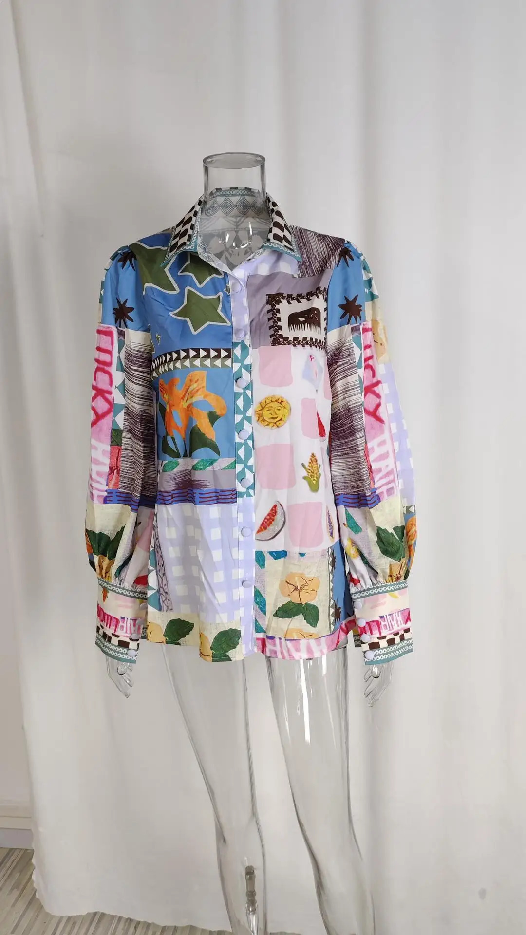 Womens Shirt Style Elegant Polo Neck Long Sleeve Fashion Print Colored Painting Casual Loose Womens Long Sleeve Tops 240823