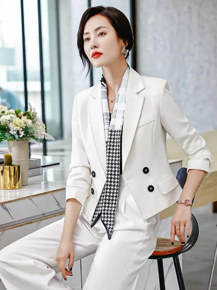 Autumn highquality office womens long pants set solid work clothes jacket and wide leg Trouser 2piece 240823