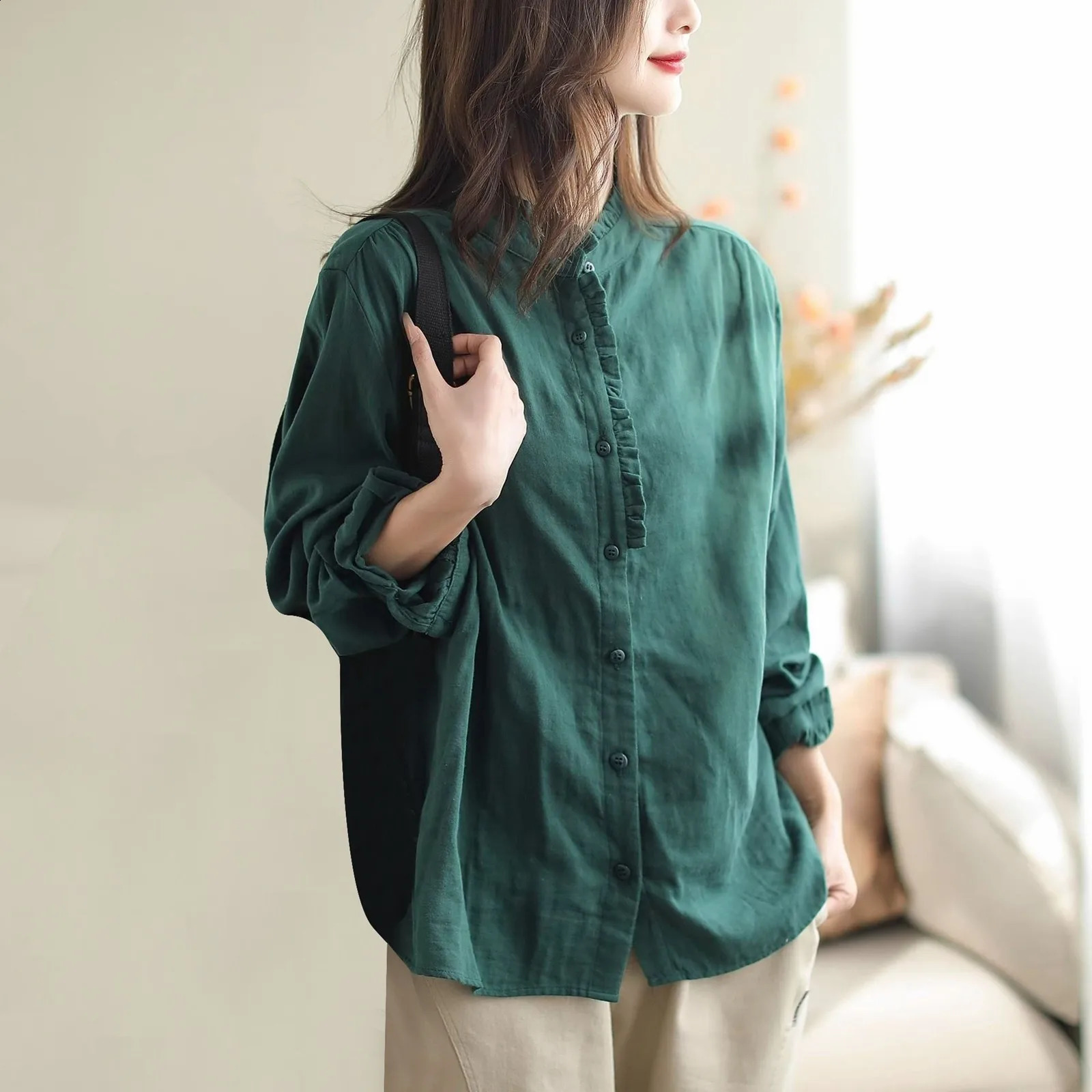 Womens casual spring and summer cotton linen long sleeved patch work clothes Ropa Mujer Tendencia 240822