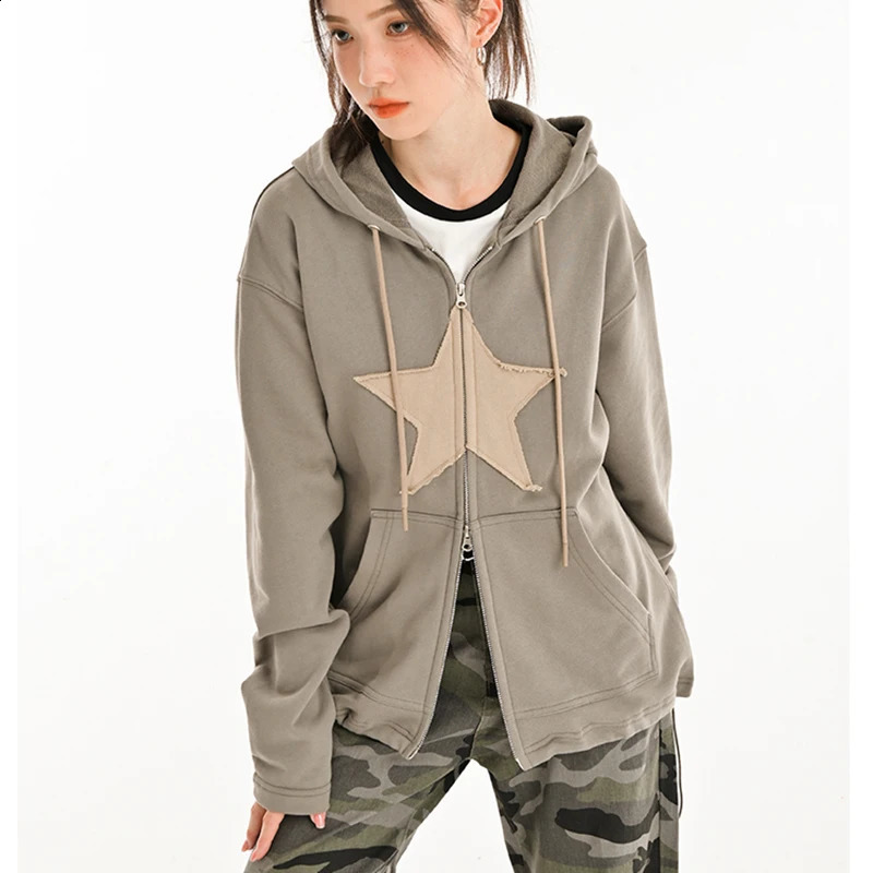 Womens Sweatshirt Y2k Hip Hop Zip up Hoodie Star Patch Cotton Mens Loose Tops Harajuku Punk Gothic Clothes Grunge Casual 240823