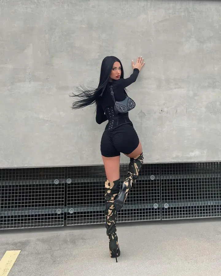 Fashionable printed camouflage sexy knee high boots thin high heels womens long toe motorcycle boots womens 240823