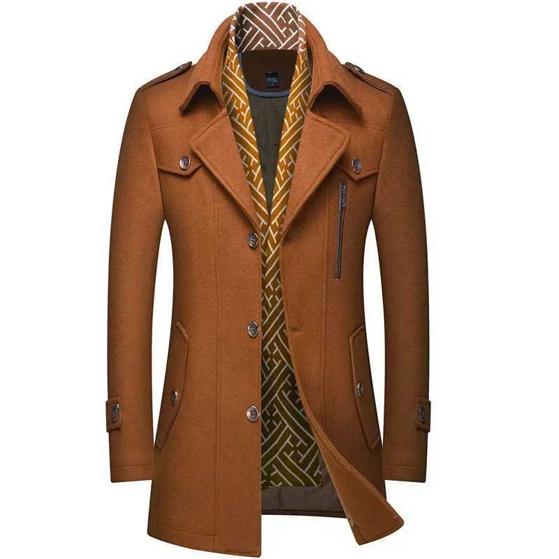 Mens Woolen Coats Fashion Thicken Mid Length Trench Turn Down Collar Warm Outerwear Business Casual Wool CoatXJ240822