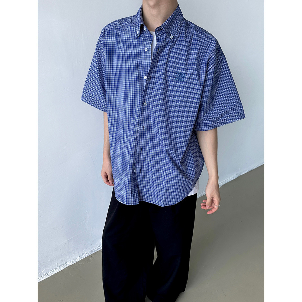 American Lazy Loose Blue Checkered Short Sleeved Shirt for Men New Versatile Casual Embroidered Shirt Trend