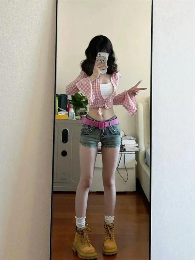 Fashion Y2k Casual Sexy Long Sleeve All Match Contrast Color Plaid Shirt Women Korean Summer Streetwear Crop Top Blusas Feminina 240823