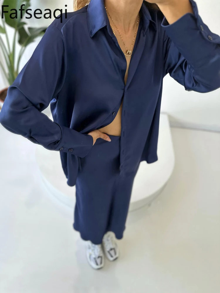 INS Satin Skirt Suit Set for Women Spring Elegant Office A-line Skirts Buttons Shirt Two-piece Set Womens Tracksuit Outfit 240823