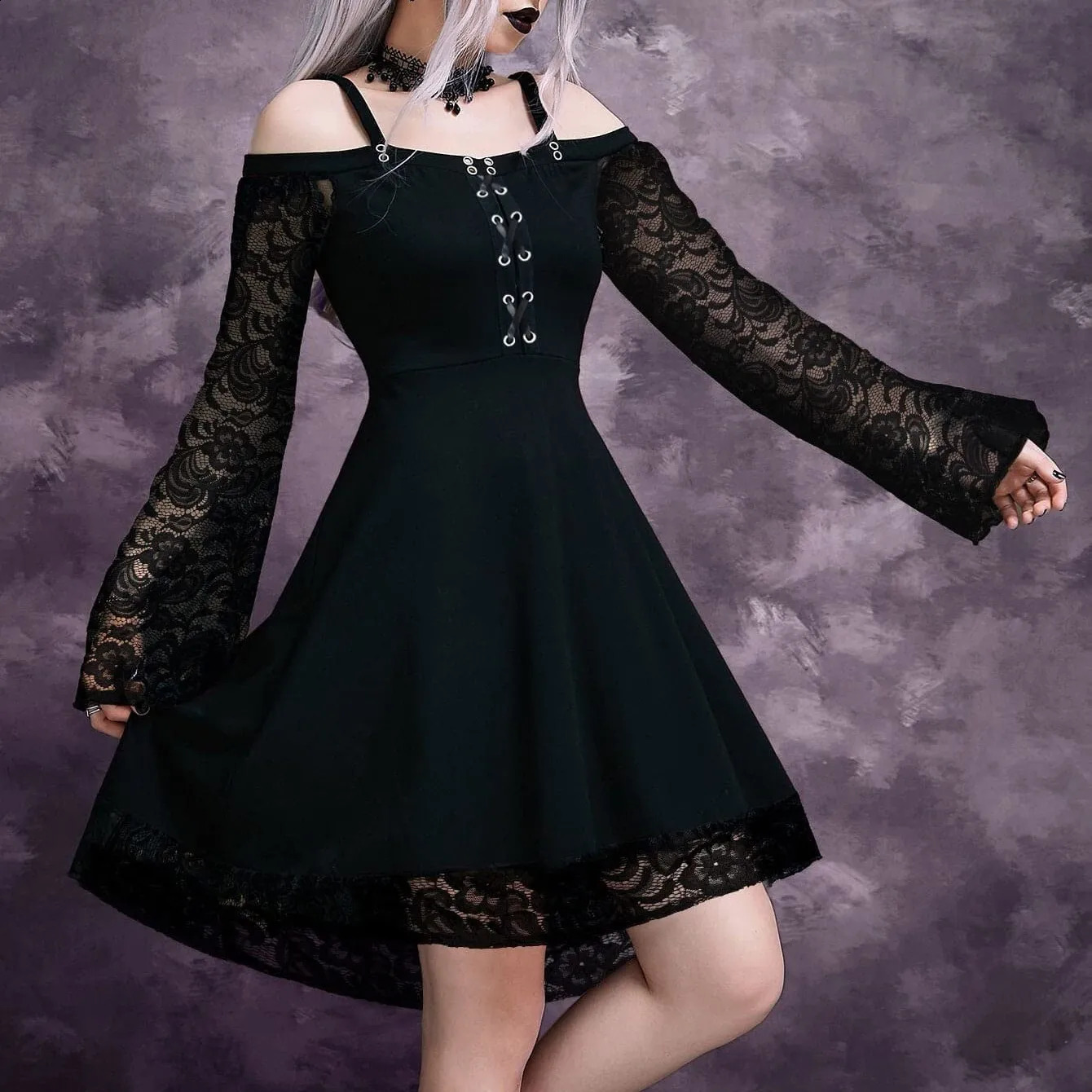 Gothic mini dress with lace decoration high waist cold shoulder Y2k womens 90s retro punk Harajuku Halloween 240823