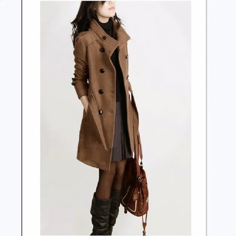 winter woolen coat with belt women ladies autumn Slim long sleeve woolen coats chic overcoat 240822