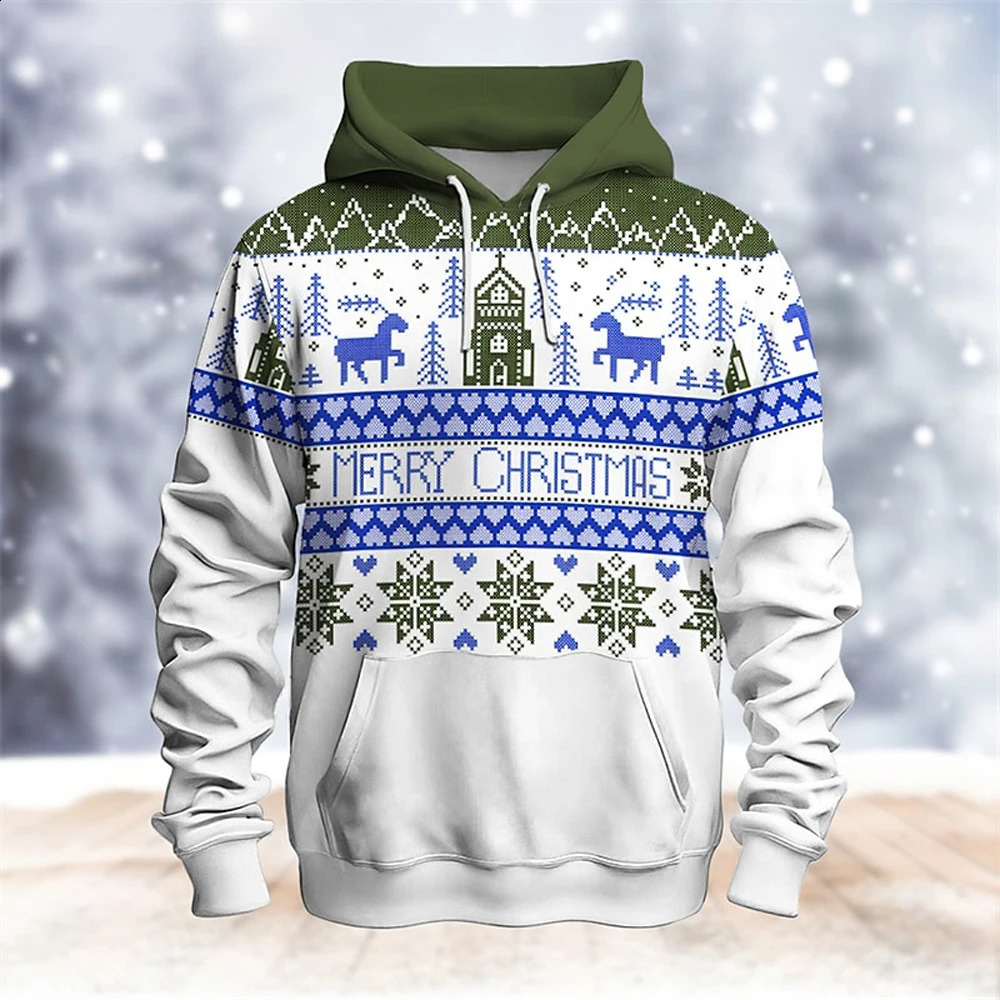 Mens Christmas Fun Elk Graphic Printed Hoodie Mens Street Casual Clothing Mens Winter Warm Hoodie Mens Fashion Crewneck Top 240823