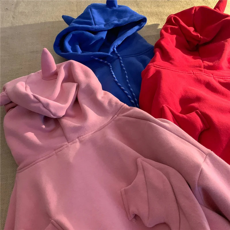 Autumn Winter Women Devil Horns Gothic Hooded Sweatshirts Harajuku Back Stand Bat Wings Hoodies Halloween Party Unisex Clothes 240822