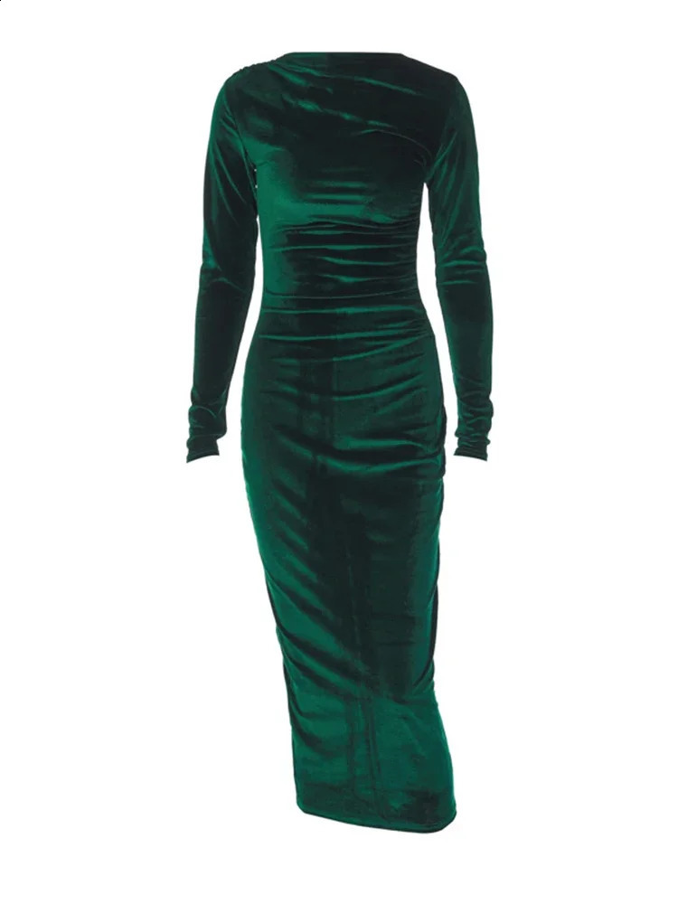 BWQ Spring Summer Velvet Long Sleeve Midi Dress For Women Ruched Long Dress Elegant Party Clothes Evening Green Outfits 240823