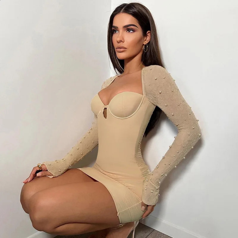 Slim Sexy Chest Bag Hip Skirt Fashion Beaded Long Sleeve Temperament Slim Dress Woman 240823