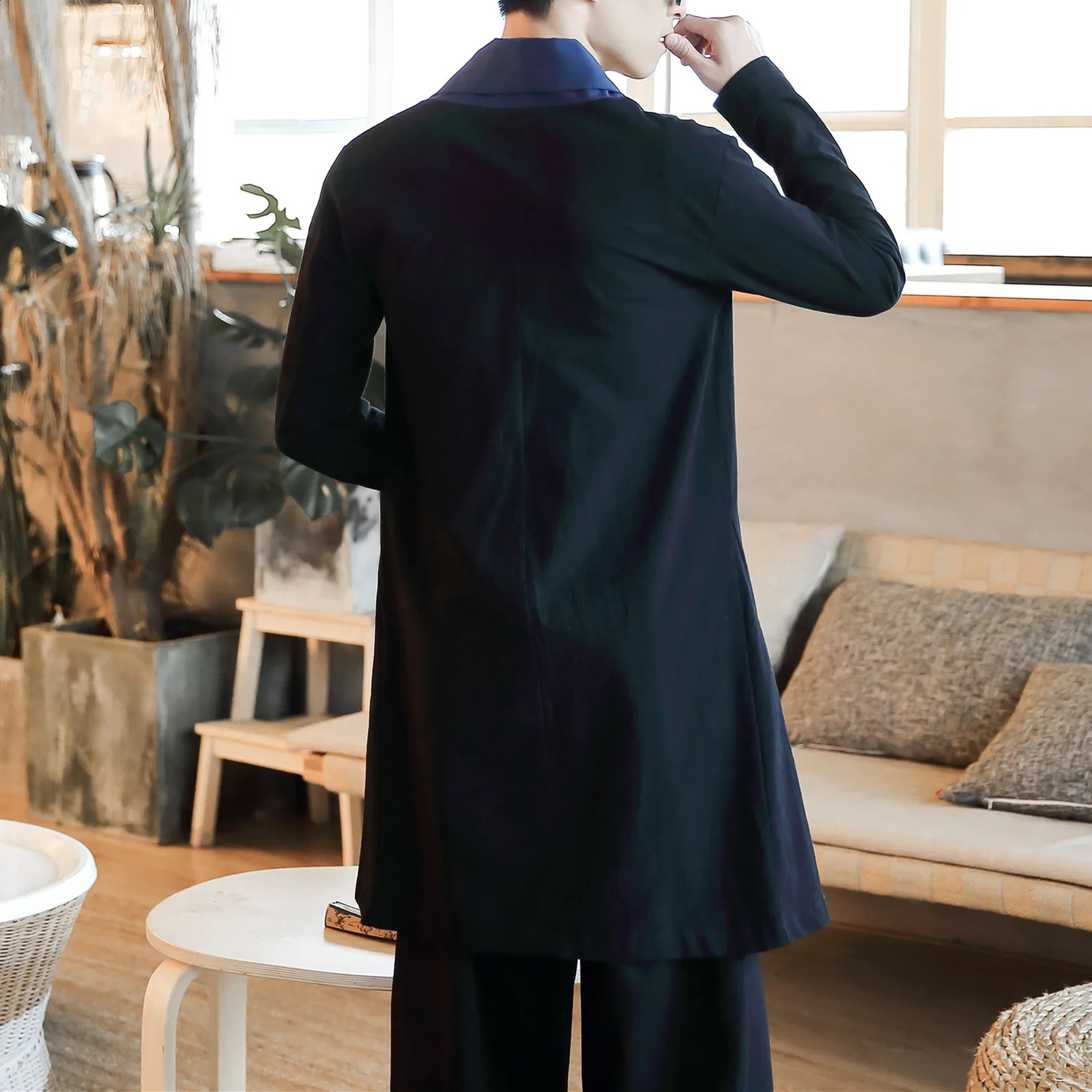 Mens Trench Coat Jacket Men Black Solid Kimono Men Fashion Casual Long Cardigan Jacket Male Solid Color Autumn Long Outerwear 240822