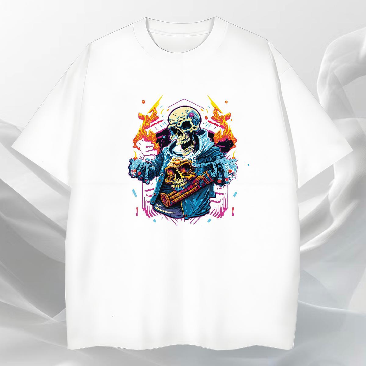 TOP Quality Man T Shirts 230g Pure Cotton skull Hip Hop Street DIY Anime Short Sleeve Soft Men Tops Tees Classic Casual Tee Shirt