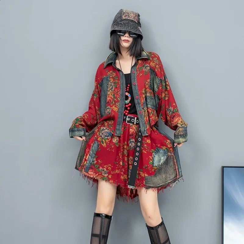Summer Large Flower Patchwork Denim Lapel Long Sleeved Jacket Shorts Two-piece Set Women Short Sets LX329 240823