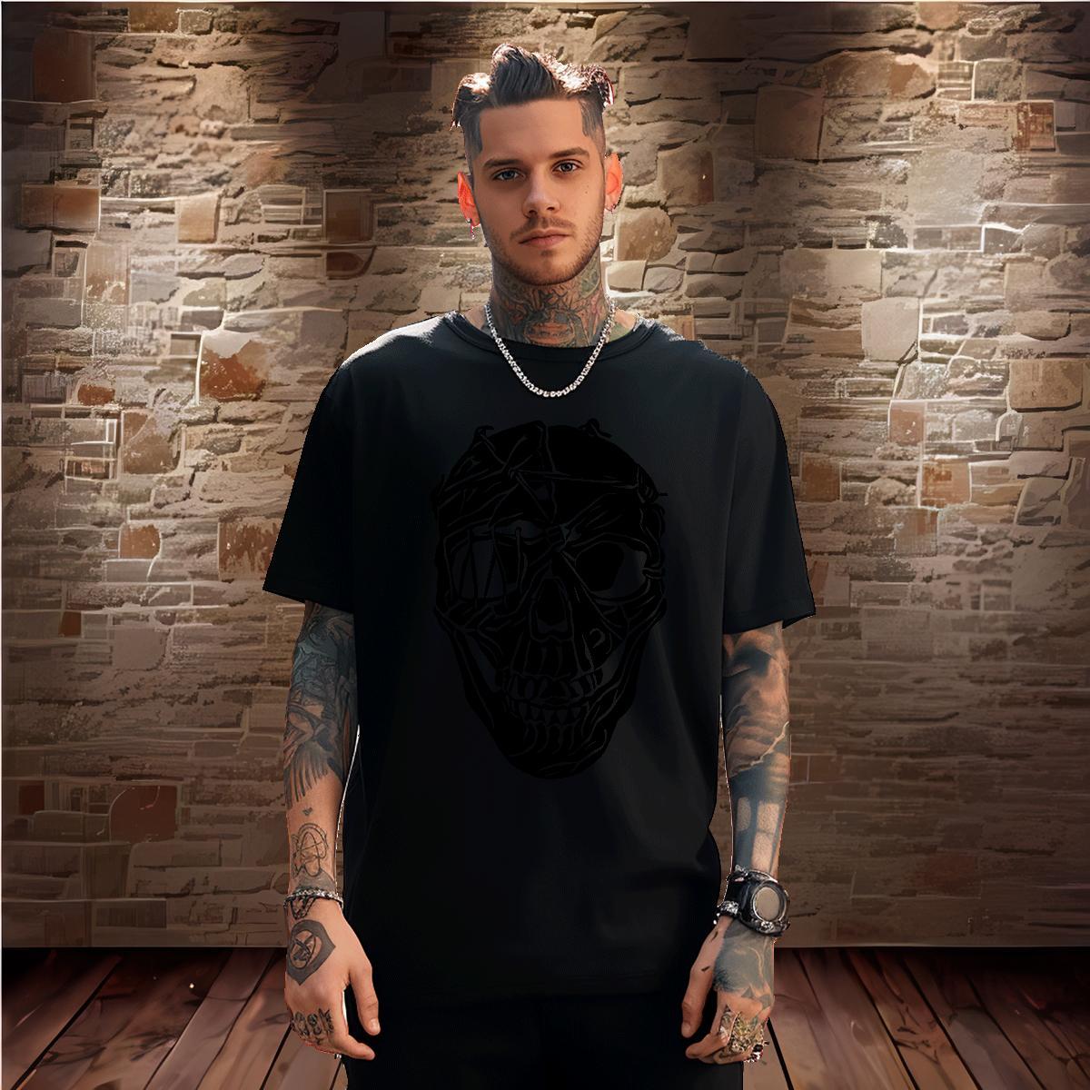 Loose T-Shirts 230g Cotton skull Street wear Hip Hop Cartoon Print Crew Neck Breathable Men Clothes T-Shirt Fashion Designer Tops Shirt