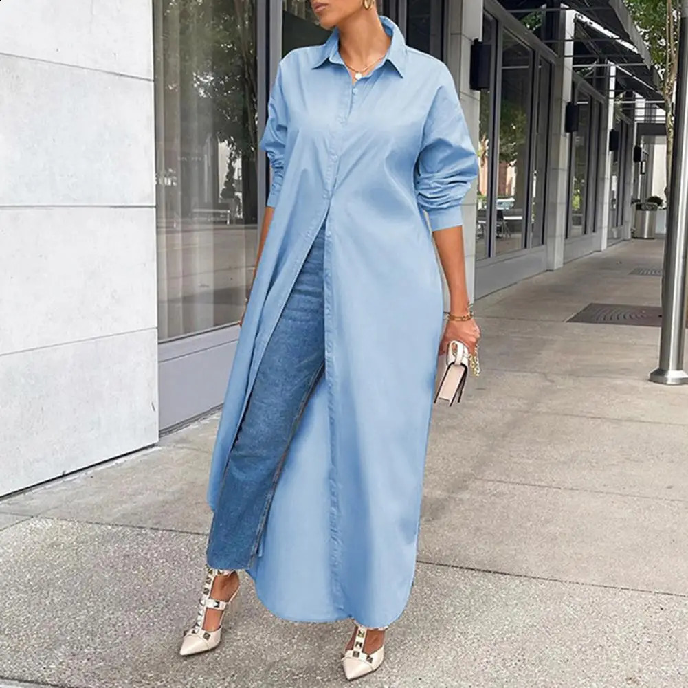 Womens collar long sleeved single chest hem shirt jacket autumn solid color dress womens clothing 240822