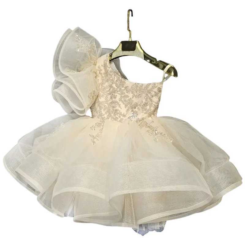 Girls Ball Dress 2023 New Fluffy Goz Ball Dress Childrens Glitter Beige Fashion Birthday Evening Dress W240823