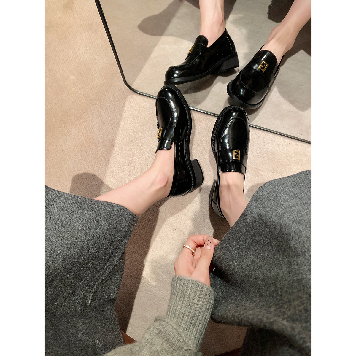 Ddmysports Premium Leather Version Grape Mom S Same Gold Square Buckle British Style Round Toe Thick Heel Loafers For Women OUTDOOR