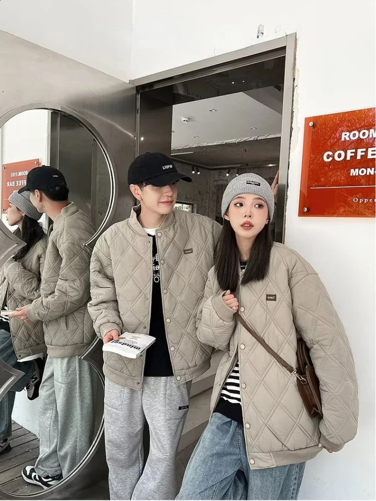 Lightweight cotton coat womens bedding with diamond checkered inlay and loose Parka Korean winter casual jacket couple unisex top 240822