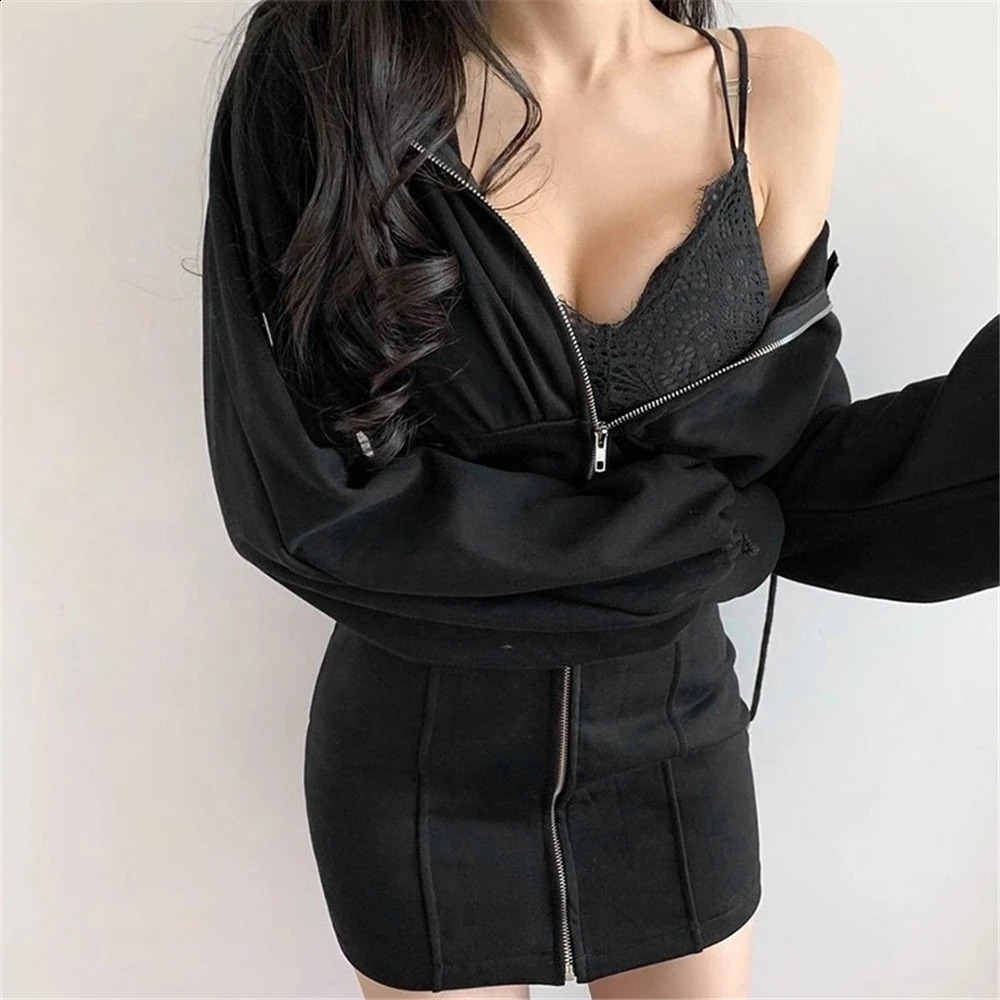 Women Fashion Casual Autumn Winter Warm High Waist Long Sleeve Tummy Control Hooded Side Pockets Front Zipper Dress Grey 240823