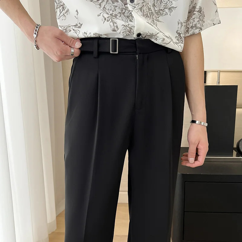 Men Korean Fashion Commuting Daily Loose Casual Vintage Classical Belt Wide Leg Suit Pants Streetwear Show Trousers 240822