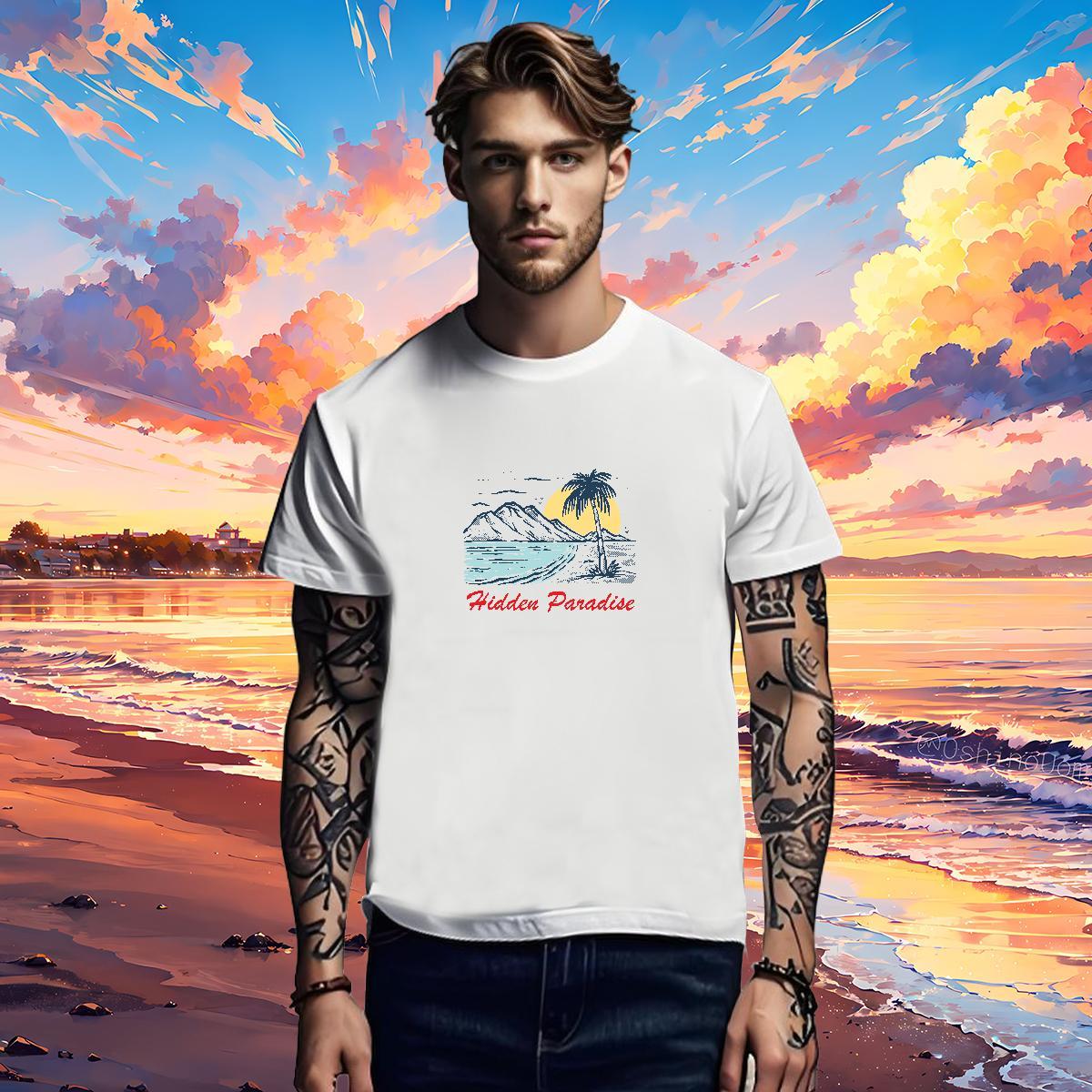 Classic T-Shirts for Men 230g 100% Cotton mountains Beach Anime Print Crew Neck Breathable Men Tshirts Stylist Top Tees