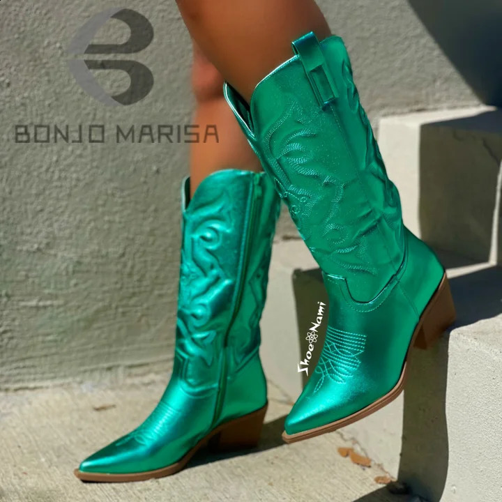 Silver metal denim boots for women Pointed Toe wide calf western boots zipper embroidery stacked high heels wedding spring shoes 240823