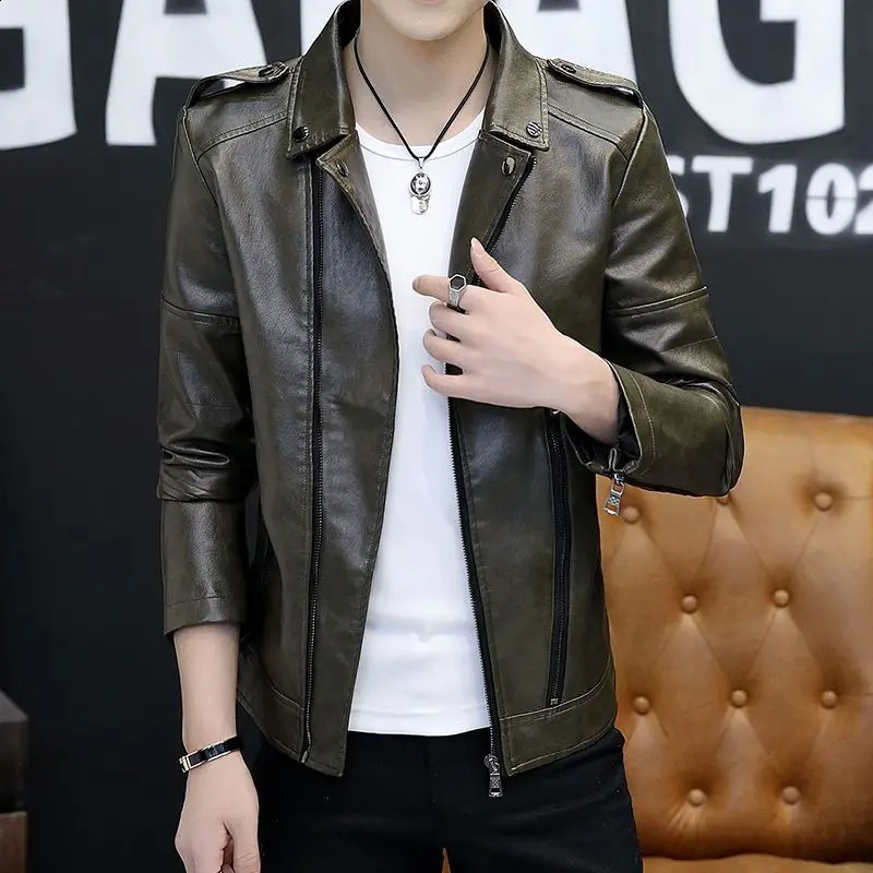 Bomber Leather Jacket Men Streetwear Lapel Motorcycle Jacket Zipper PU Leather Coat Vintage Black Pocket Jackets Men Clothing 240822