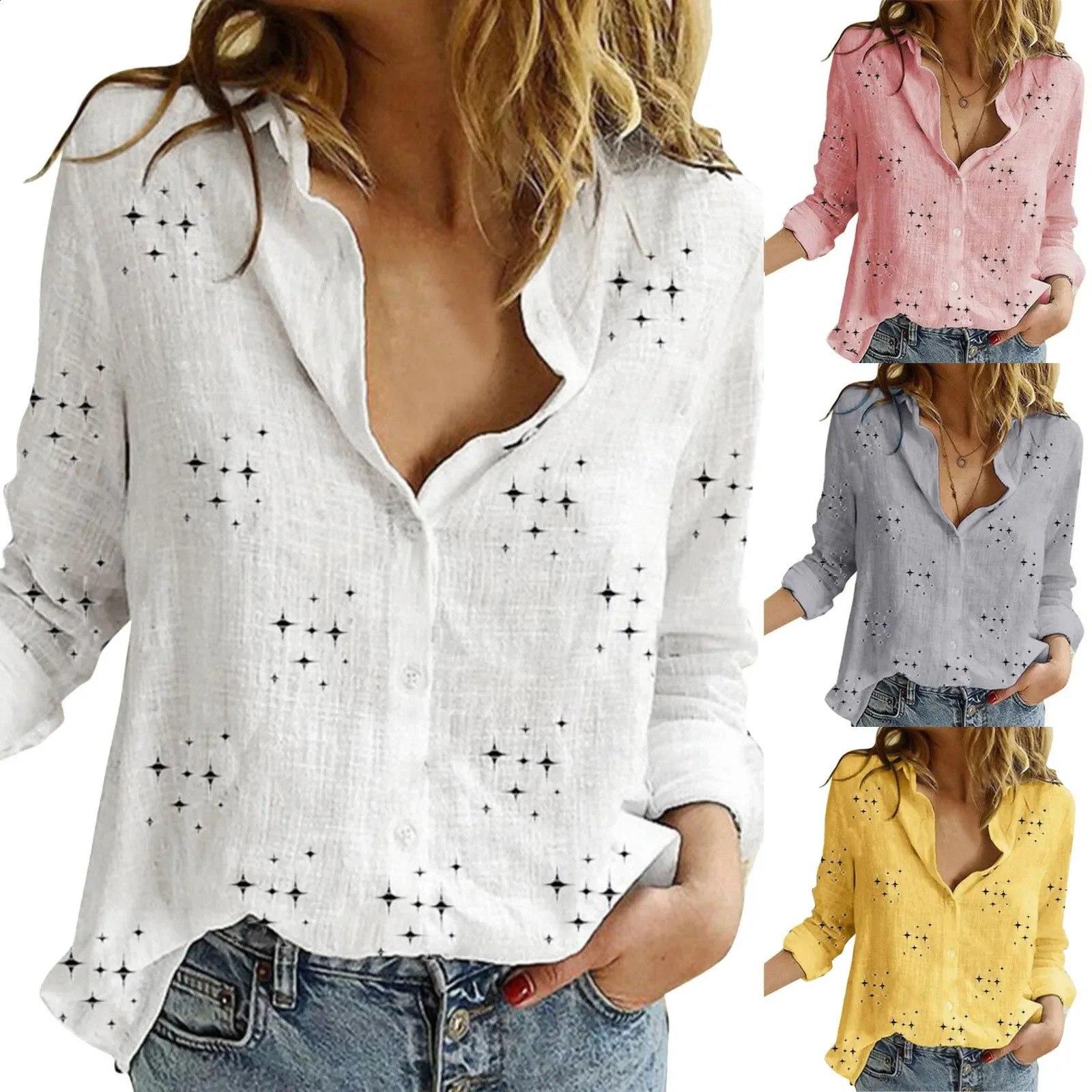 Womens Shirts Long Sleeve Office Tops Linen Casual V Neck Blouse With Button Ladies Fitted Sports Breath Shirts For Women 240823