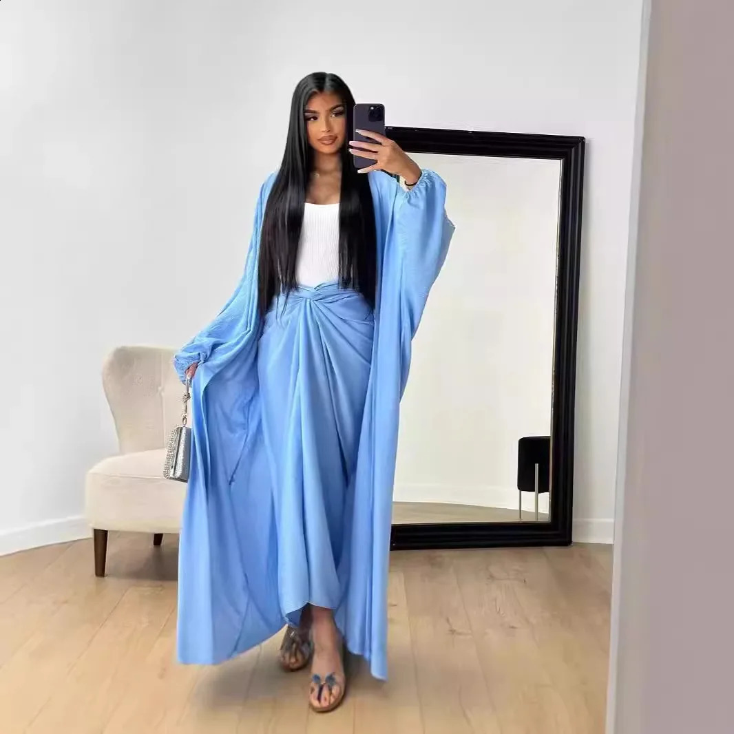 Autumn womens skiing set fashionable Muslim elegant solid color long cardigan half skirt twopiece 240823