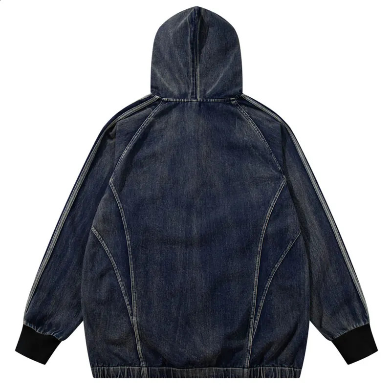 Vintage Denim Hoodie Jacket Y2K Embroidered Half Zip Up Oversized Hooded Jean Sweatshirt Coat Streetwear Hip Hop Baggy Pullover 240822