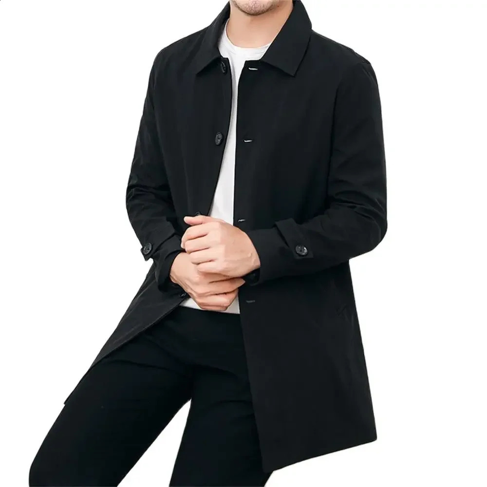 Trench Men Long Windbreaker Coat Fashion Business Casual Loose Solid Trench Mens England Style Turn Down Collar Jackets Outwear 240822