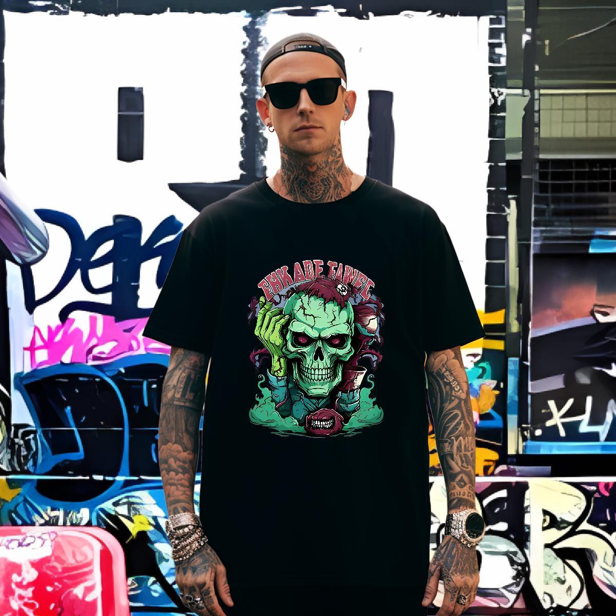 Cool T Shirt For Man 230g Pure Cotton skull Casual Anime Breathable Crew Neck Men Clothes T-Shirt DIY Customized Wear