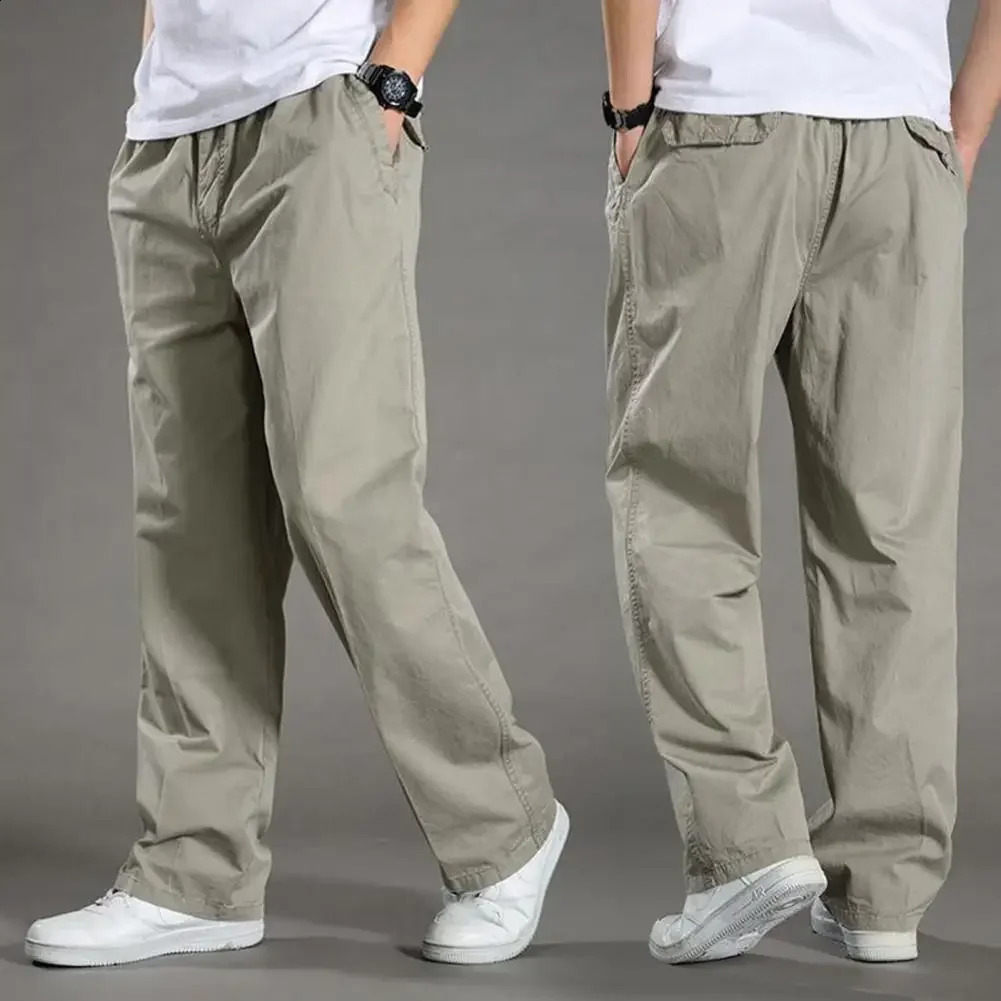 Men Cargo Pants Spring Fall Elastic Waist Drawstring Casual Pants Loose Large Pocket Male Straight Wide Leg Trousers 240822