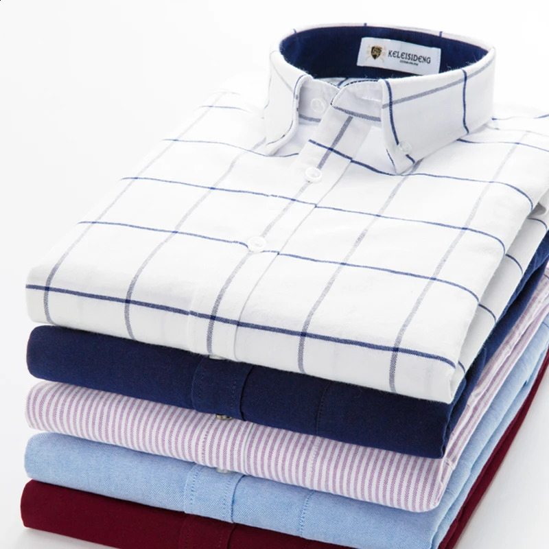 Mens Long Sleeve Thick Cotton Oxford Shirts with Front Pocket High Quality Smart Casual Stripe Plaid Button Down Dress Shirt 240822