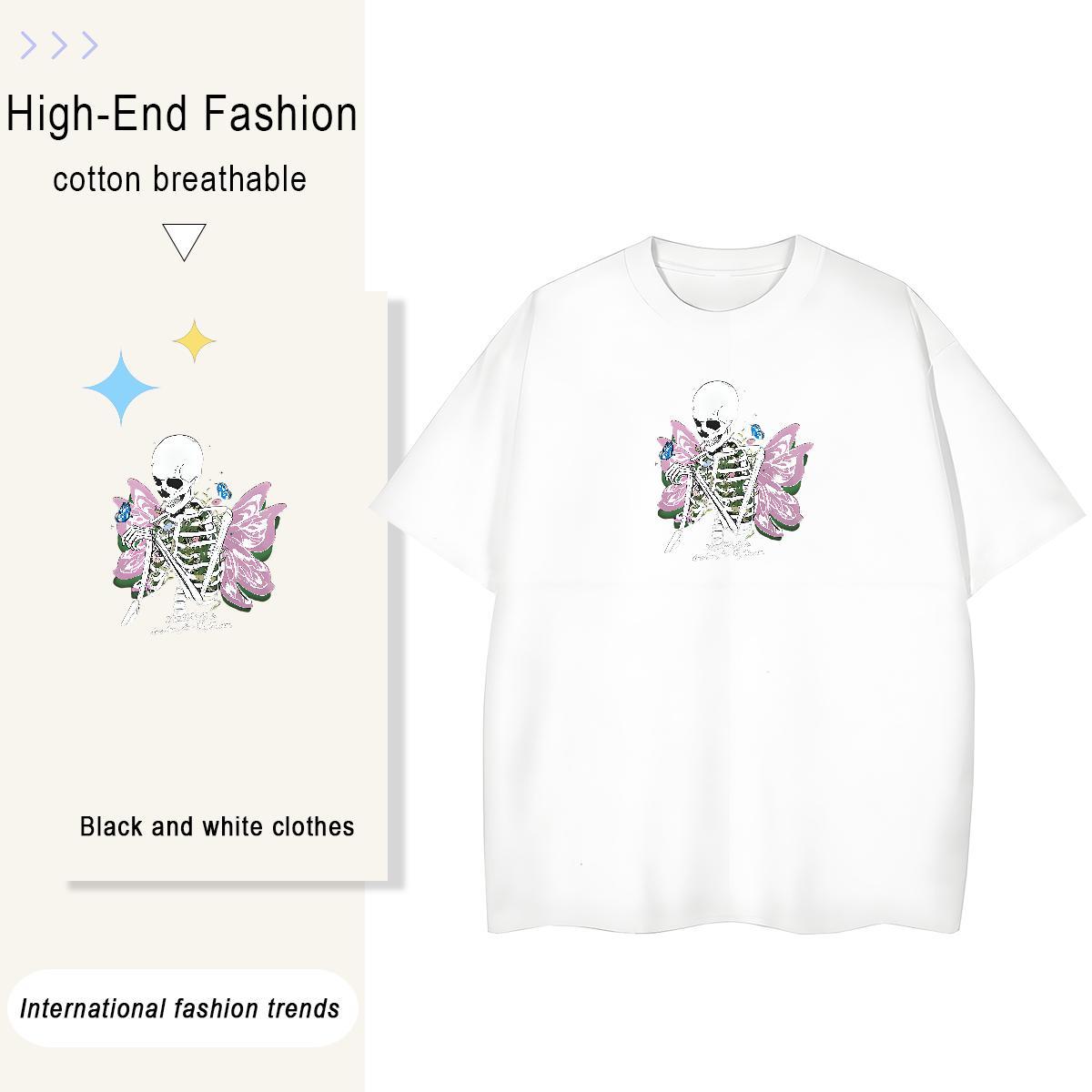 Cool T-Shirts for Men 230g Pure Cotton skull Sport Plus Size Cartoon Breathable Crew Neck Tshirts 2024 Tee Shirt