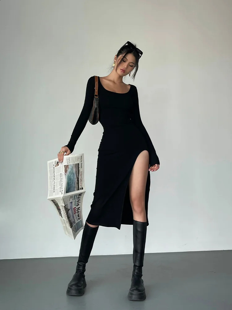 WOMENGAGA Black Long Sleeve Sexy Side Split Knitted Dress For Womens Summer Waist Tight High Slim Hip Dresses Fashion OIOV 240823