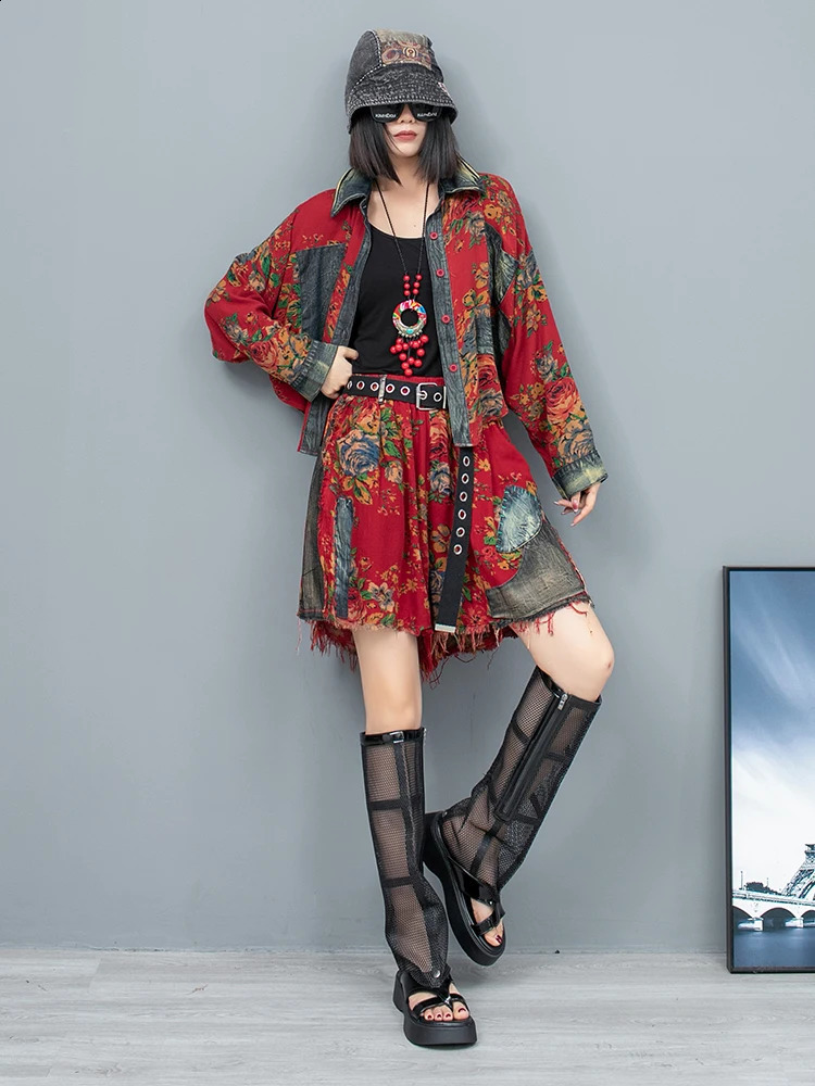 Summer Large Flower Patchwork Denim Lapel Long Sleeved Jacket Shorts Two-piece Set Women Short Sets LX329 240823