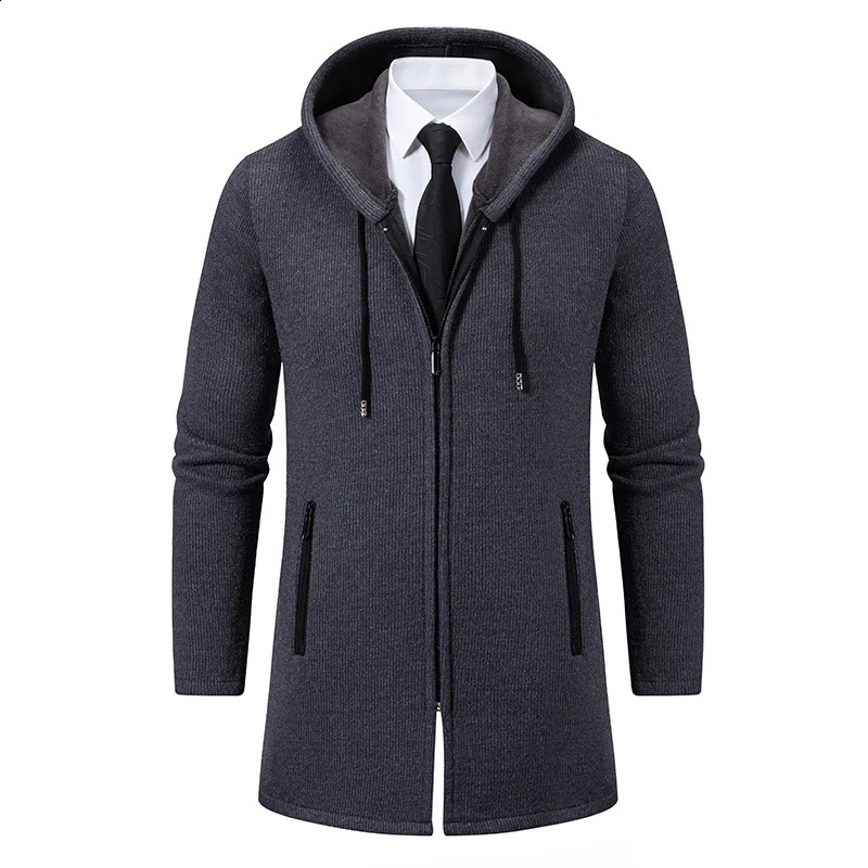 Mens Long Cardigan Full Zip Trench Coat Thick Fleece Hooded Jacket Cardigans Coats Japanese Korean Style Man Clothes 240822