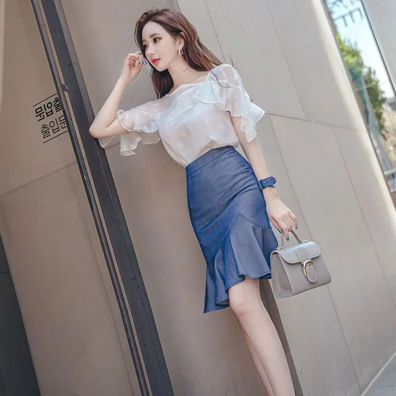 Elegant Fashion Harajuku Slim Fit Female Clothes Loose Casual All Match Cow Skirt Chiffon Short Sleeve Tops Two Piece Set 240823