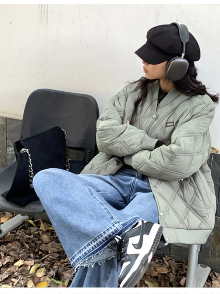 Lightweight cotton coat womens bedding with diamond checkered inlay and loose Parka Korean winter casual jacket couple unisex top 240822