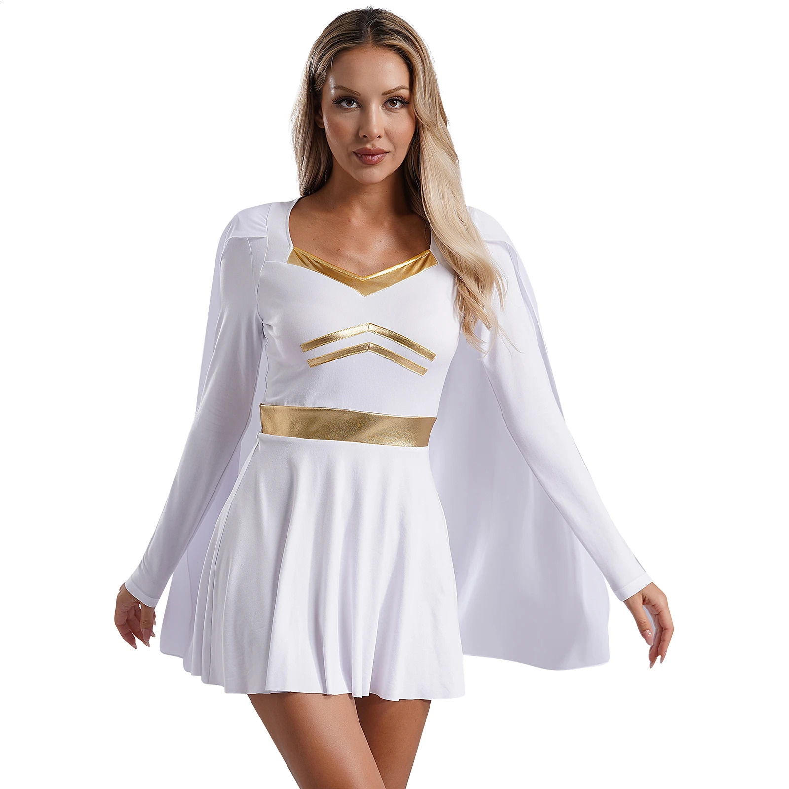 Womens Roman Goddess Cosplay Costume Metal Decorative Chiffon Dress Toga Ancient Greek Halloween Theme Party Up 240823