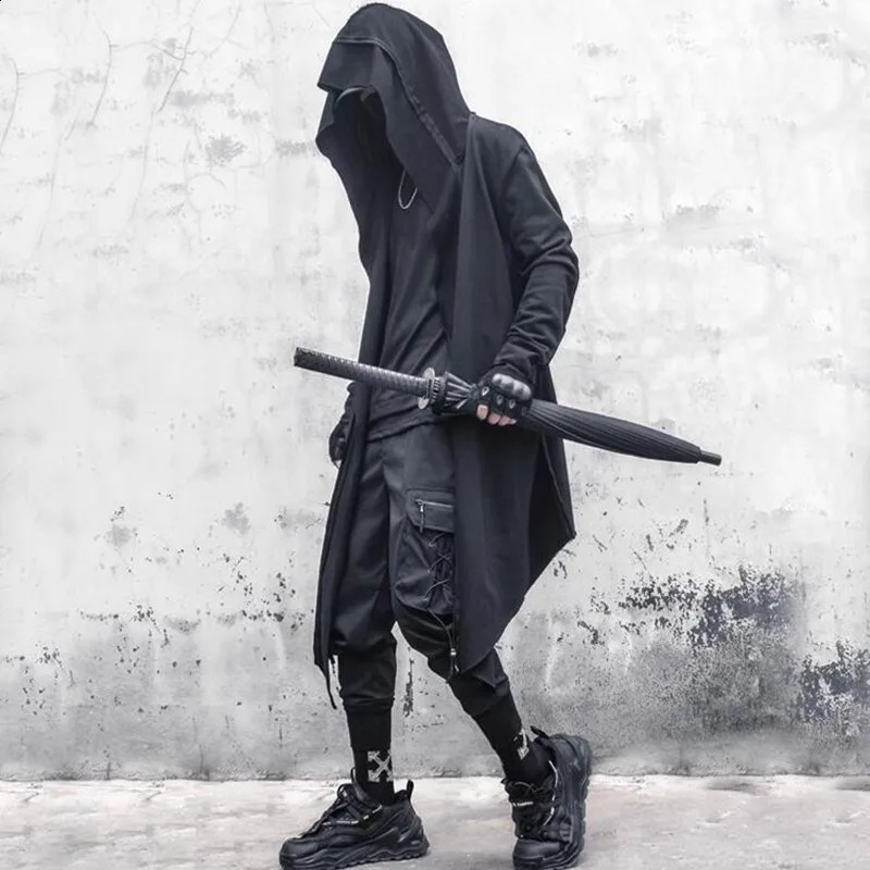 Back Cross-shaped Patchwork Gothic Punk Trench Coat Hooded Cloak Mens Hip Hop Vintage Long Jacket Cape 240822