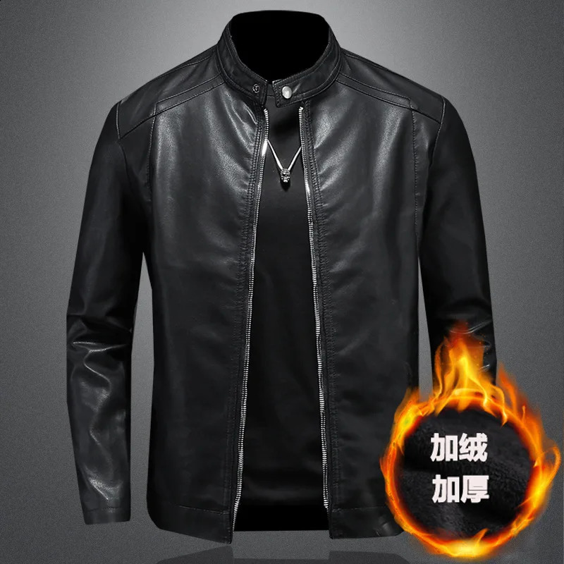 Spring Mens Leather Jacket Fashion Stand Collar Slim Pu Leather Jacket Causal Plush Thick Motorcycle Leather Jacket Coats 5XL 240822