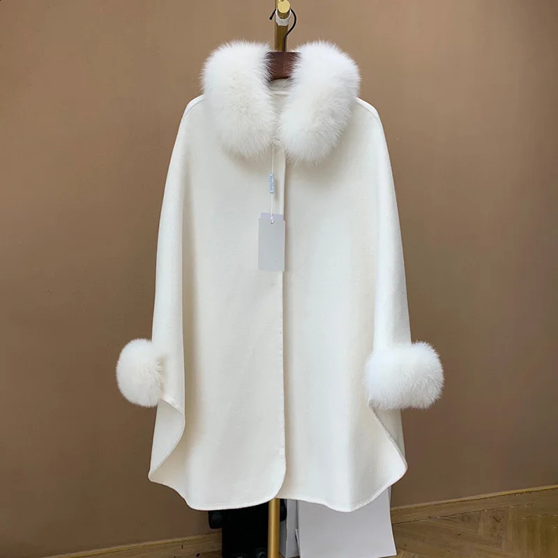 Arrivals Women Cape Fashion Cashmere Wool Poncho Lady Real Fox Fur Cloak Streetwear Shawls QN3670 240822