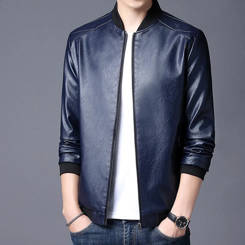 Men Jacket Smooth Faux Leather Spring Jacket Solid Color Elastic Cuff Men Coat Slim Stand Collar Cardigan Jacket Daily Wear 240822