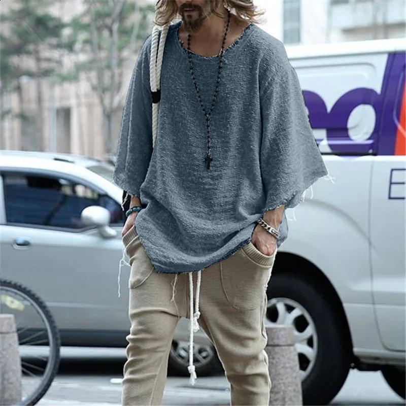 Long Sleeve O-neck T-shirt Mens Casual Loose Top Thin Solid Color Mens Knitted Street Style Pullover T-shirt Mens Clothing 240823